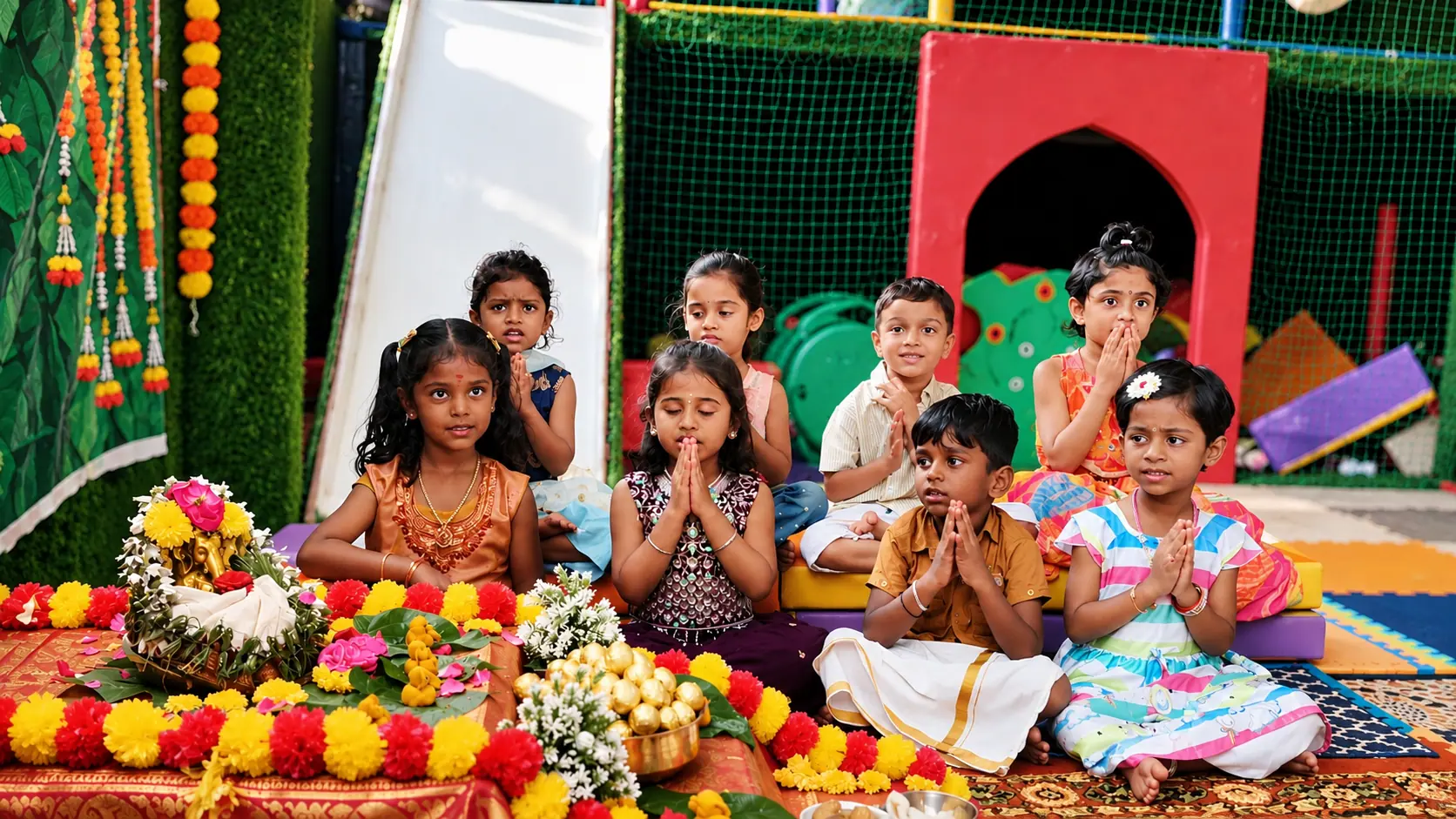 Children sitting with folded hands in prayer around a puja arrangement of marigold garlands and flowers, with a slide and soft-play structure behind them